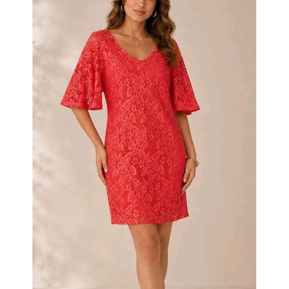 NY Collection Lace Dress Coral Pink Flutter Sleeve V Neck Lined XL NWT